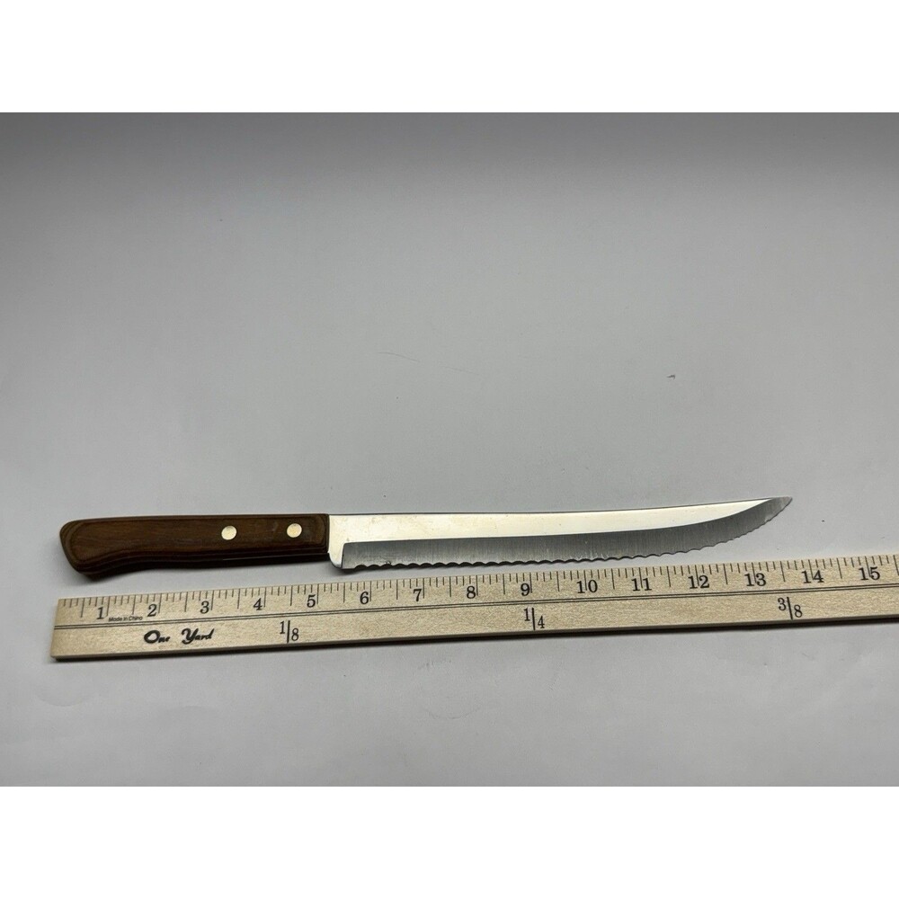 VINTAGE 9" BLADE FLINT STAINLESS VANADIUM SERRATED KNIFE U.S.A. Wood Handle